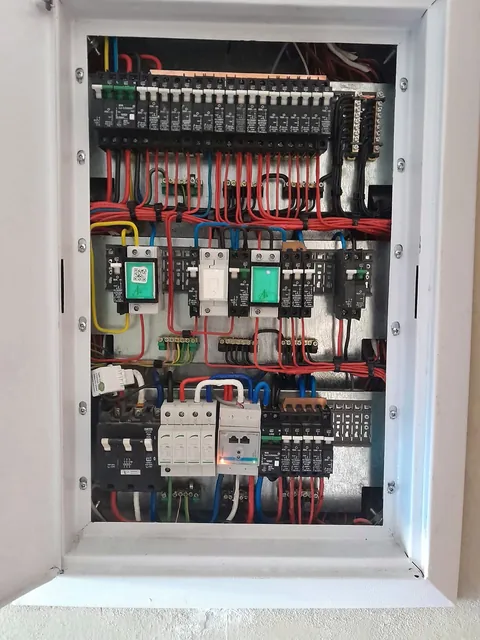 Open distribution board with neatly wired circuit breakers, busbars and surge protection
